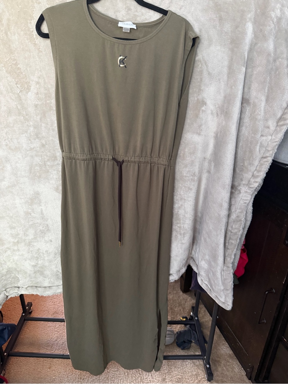 Calvin Klein Olive Green Sleeveless Drawstring Maxi Dress